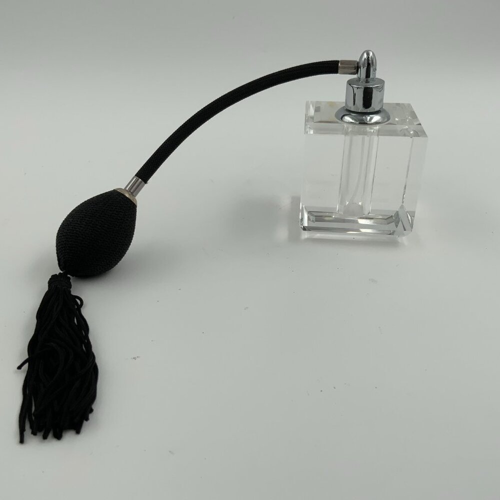 Signed Oleg Cassini Square Crystal Perfume Bottle w/ Black Tassel Atomizer